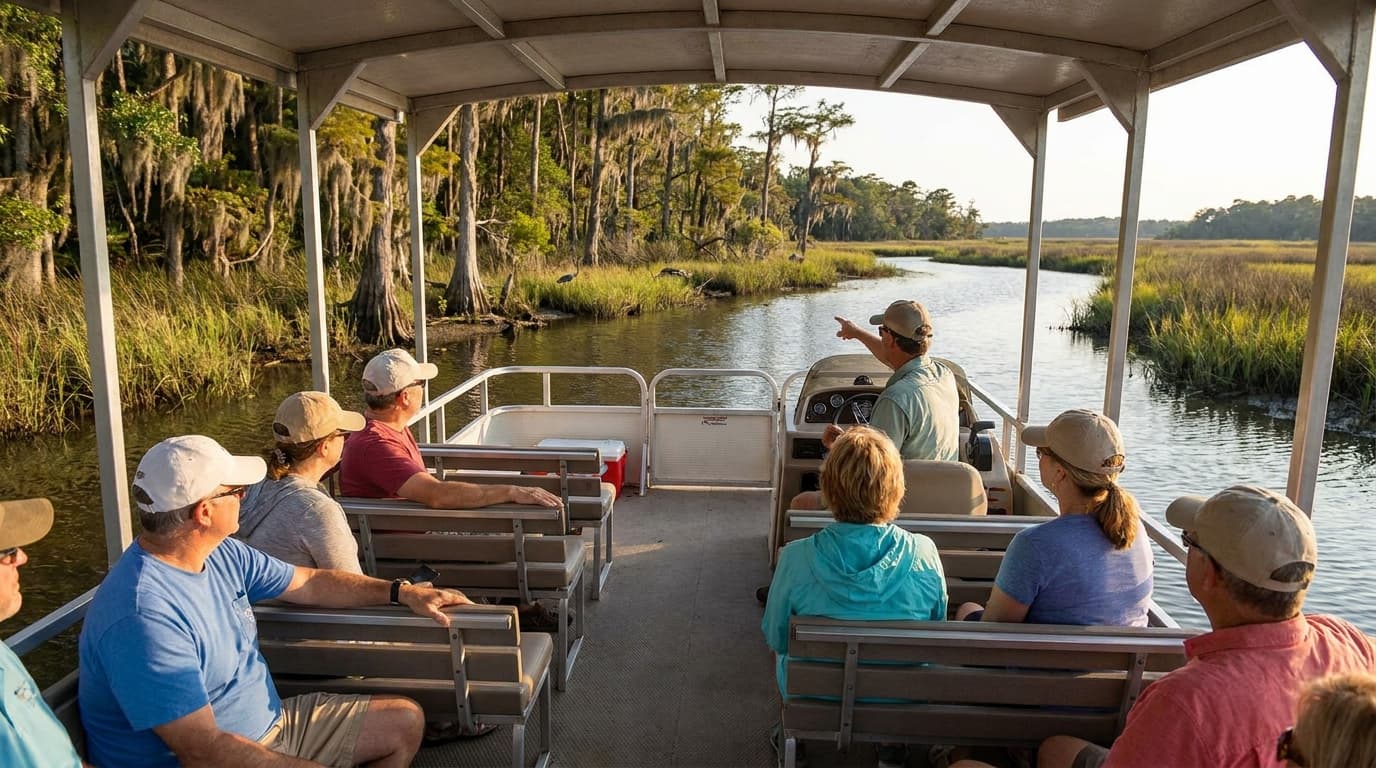 White tour boat with passengers on the harbor, the Charleston peninsula skyline, a church steeple, and waterfront houses