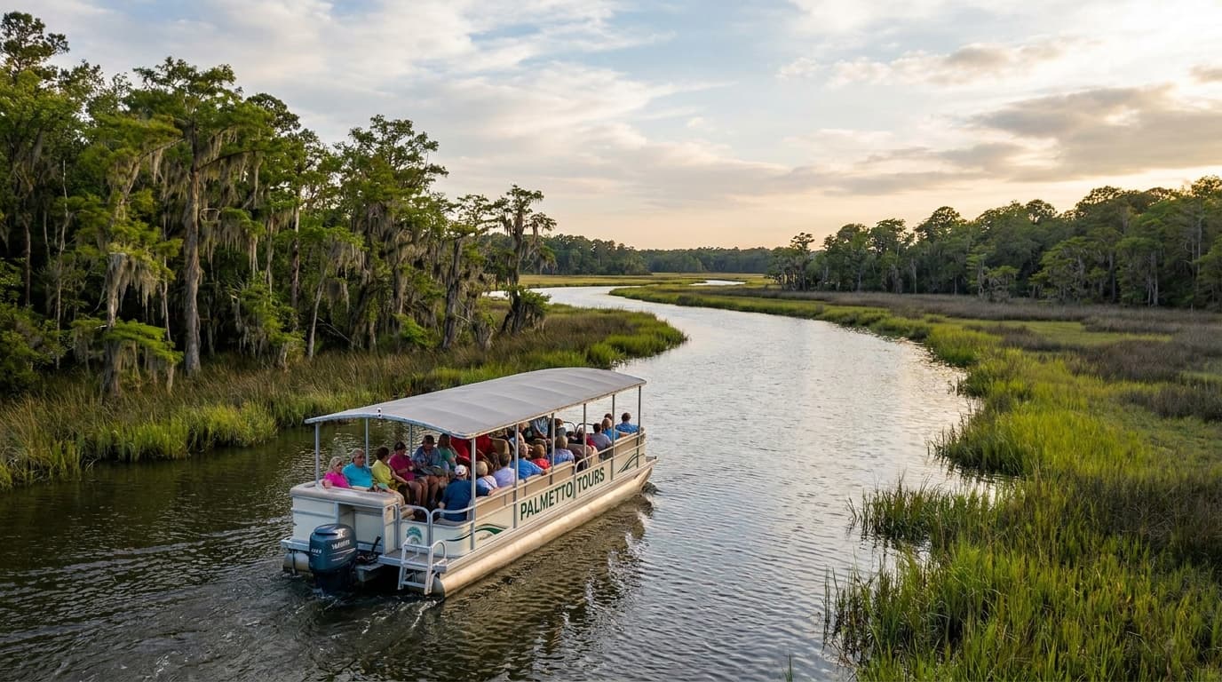 White center-console boat with passengers in front of a larger white passenger boat, on calm harbor water, with the Charleston skyline and a church steeple behind